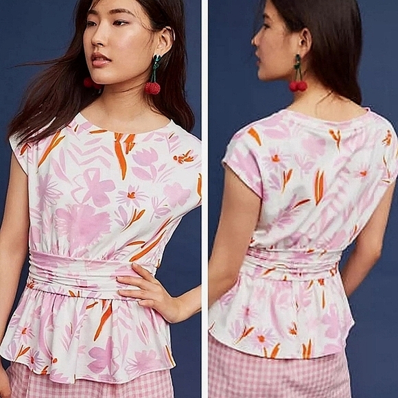 Anthropologie Tops - SALE Anthropologie Postmark Tropical Pink White Floral Peplum Cap Sleeve Top XS